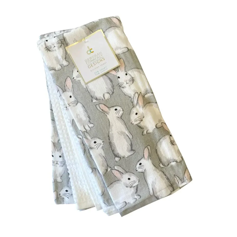 Deborah Connolly Easter Bunny Kitchen Towels 3pk White Gray Spring Decor New